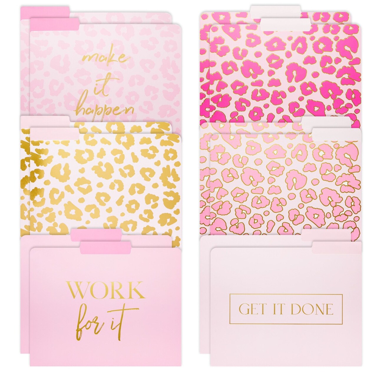 12 Pack Pink Leopard Decorative File Folders, Cute Gold Foil Print Office Supplies, Letter Size with 1/3 Cut Tab for Women, Girls (11.5 x 9.5 in)